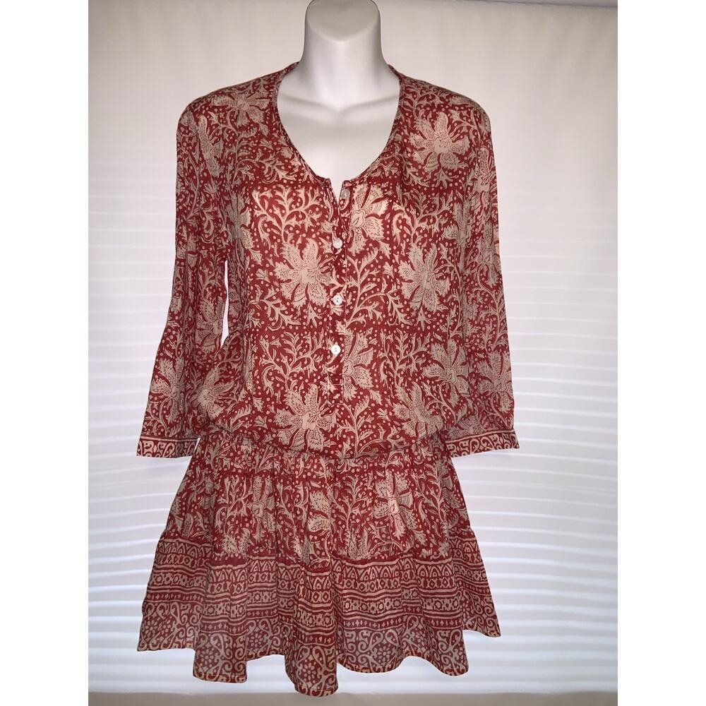 Bell By Alicia Bell Red Smocked Mini Dress Size Small Button Down Floral